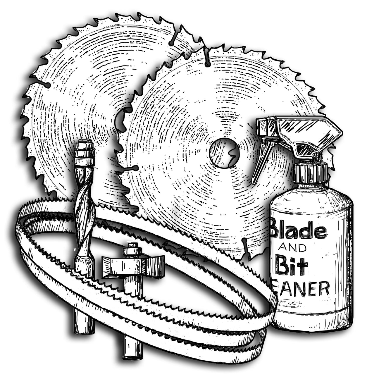 Assorted blades, router bits and bottle of blade & bit cleaner