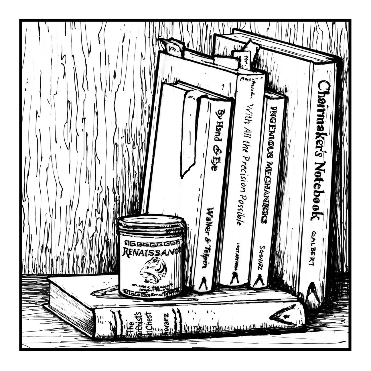 Woodworking books with a can of Renaissance wax