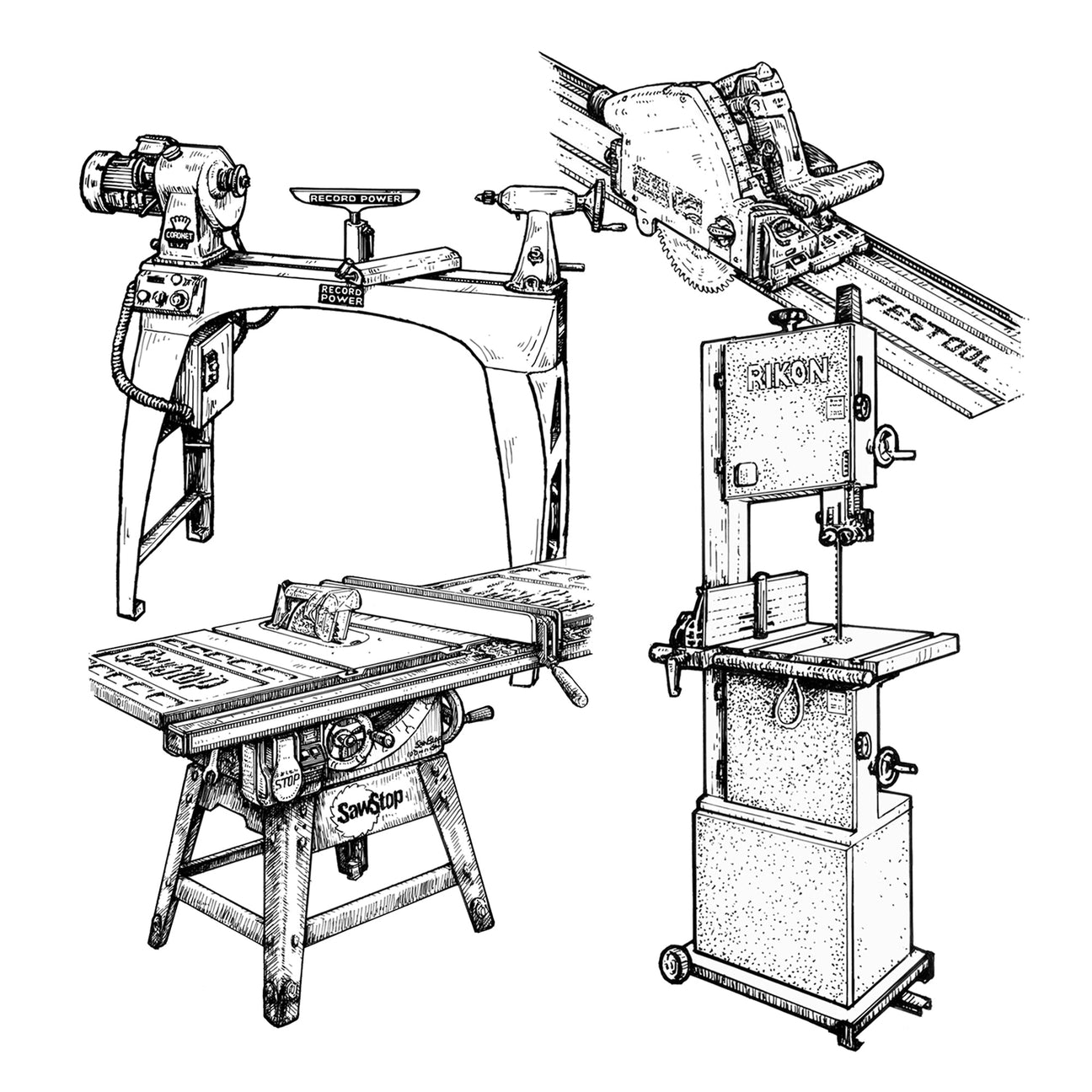 Lathe, bandsaw, tablesaw and track saw