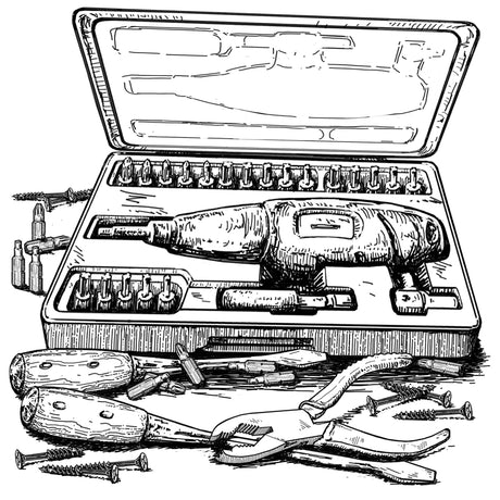Variety of screw driving tools, including an adjustable torque screwdriver set, bits, screws, pliers and screwdrivers.