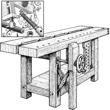 Woodworking workbench and workbench hardware.