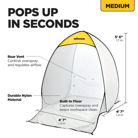 Wagner medium spray tent with features and dimensions on a white background