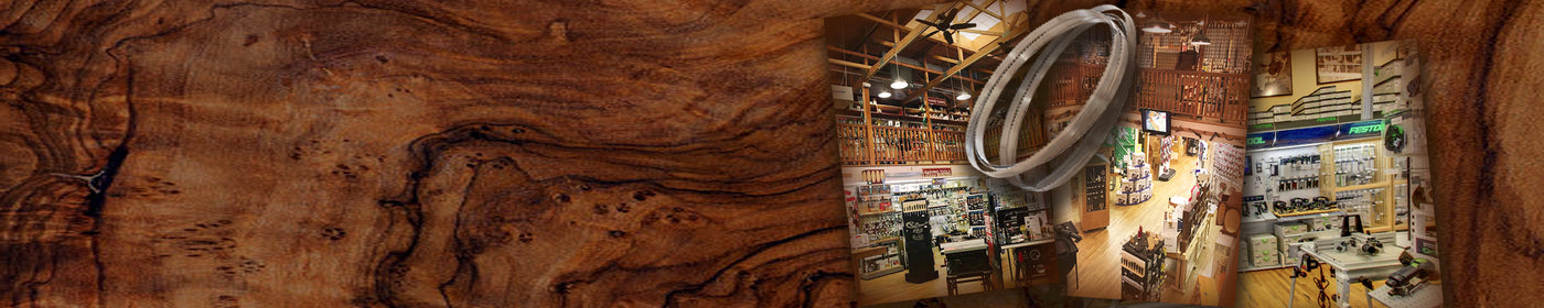 Photos of showroom of Highland Woodworking in collage with bandsaw blades on wood background
Come demo some tools!
If you are in the Atlanta area, stop by and find out why we are nicknamed 'Hand Tool Heaven'. Plan for plenty of time to browse! We are the exclusive US home of the legendary Wood Slicer resaw bandsaw blade. Try one out, we guarantee your satisfaction. We look forward to seeing you.